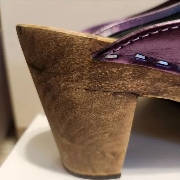 Maguba of Sweden Metallic Purple Leather Wooden Heel Clogs Size 9/40 Ret.$189 - Picture 7 of 12